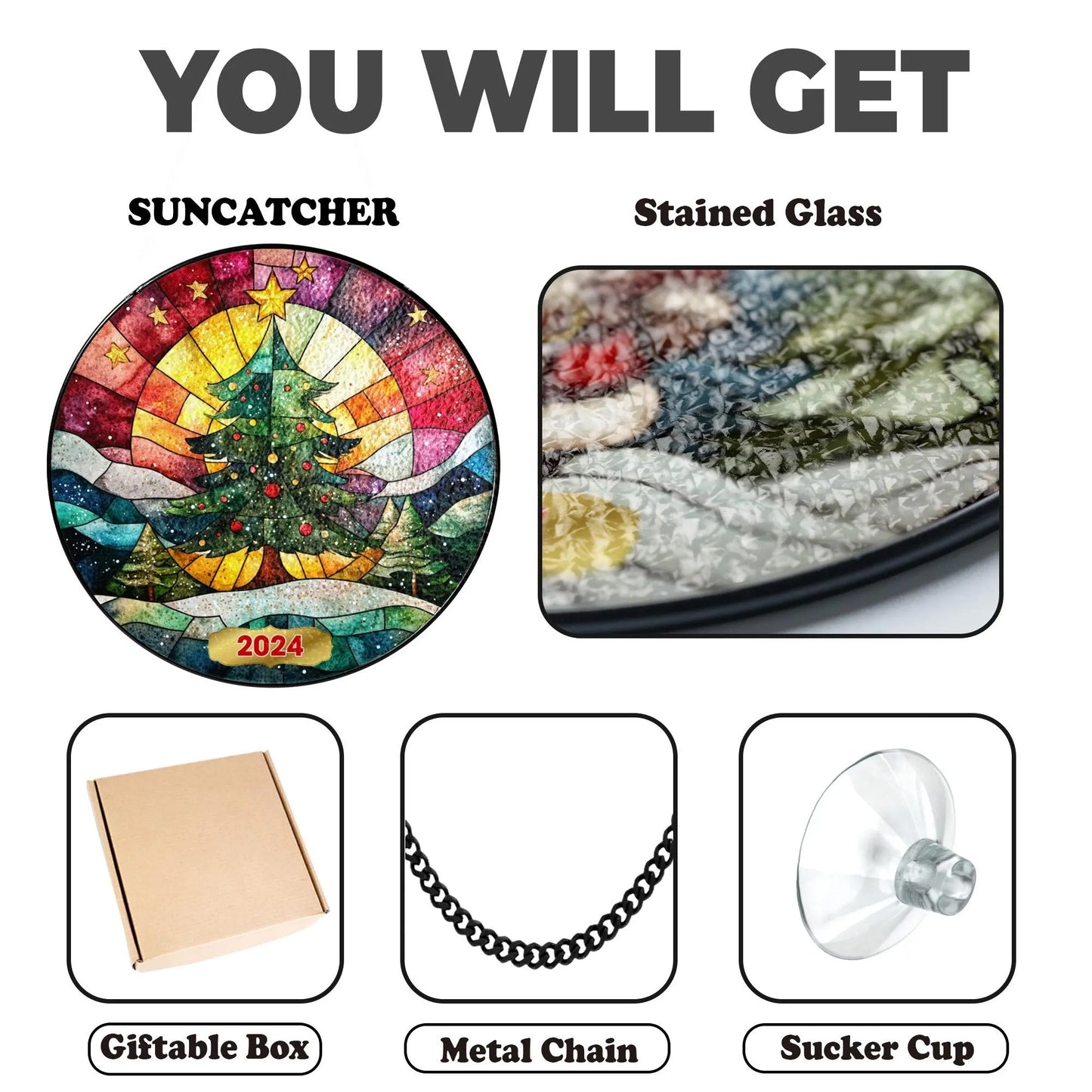 Netecom Christmas Tree Stained Glass Suncatcher, Holiday Window Hanging Ornament, Festive Glass Decor, Gift for Home, Xmas SunCatcher