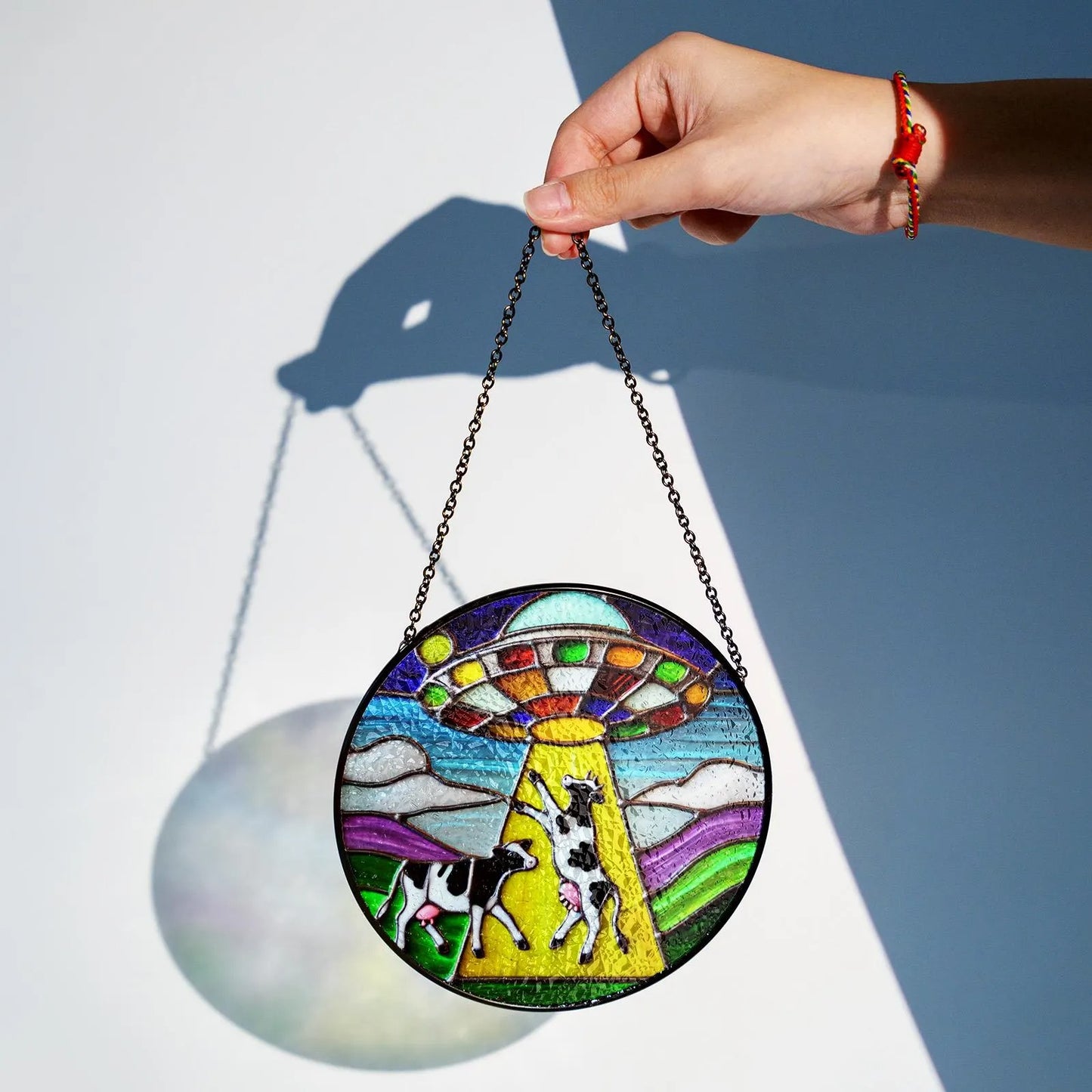 Netecom Funny Alien and Cow UFO Stained Glass Suncatcher – Unique Window Hanging, Spaceship Art Home Decor, Stained Glass or Acrylic Window Decoration