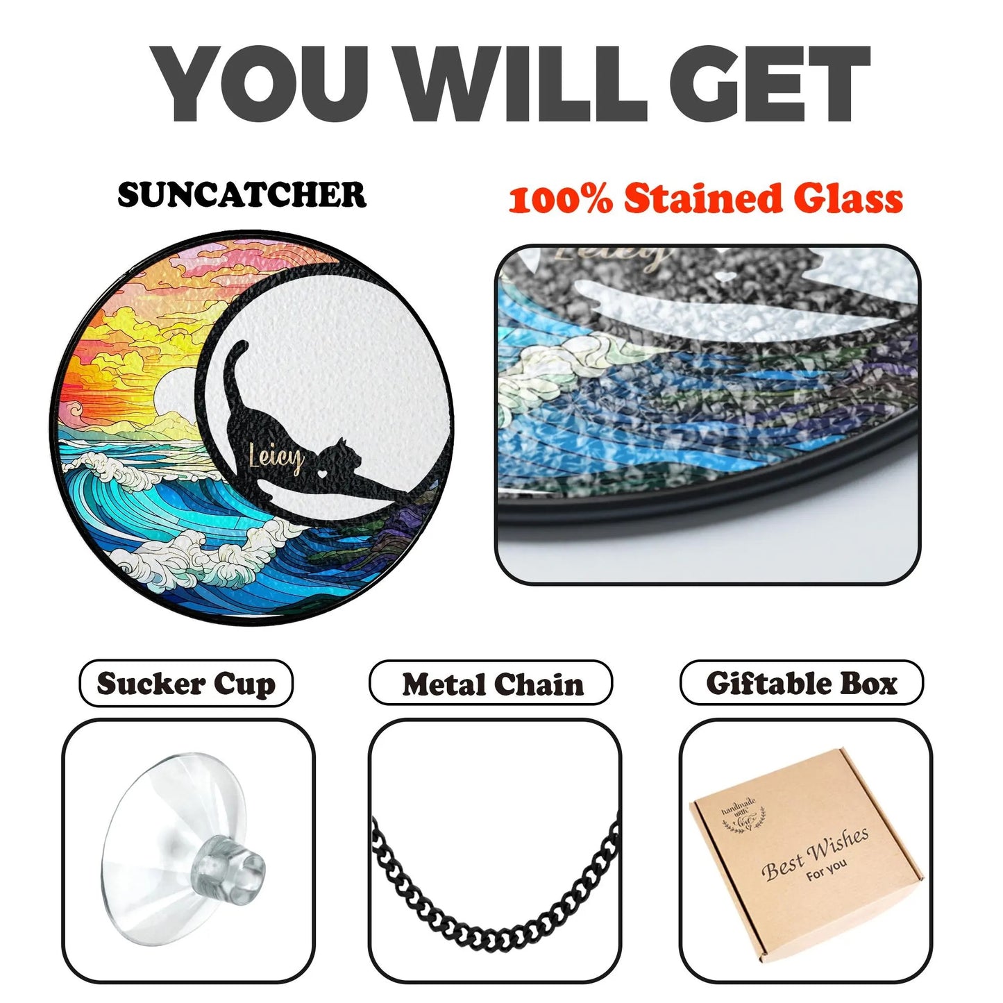 Netecom Personalized Cat Memorial Suncatcher – Stained Glass Look Pet Remembrance Ornament, Rainbow Bridge Window Hanging, Cat Mom Gift