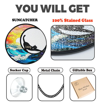 Netecom Personalized Cat Memorial Suncatcher – Stained Glass Look Pet Remembrance Ornament, Rainbow Bridge Window Hanging, Cat Mom Gift