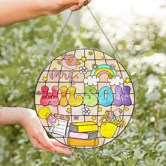 Netecom Personalized Teacher Stained Glass Hanging Sign, Teacher Suncatcher, Name Gift for Teacher, Disco Ball Classroom Decor, Teacher Door Hanger