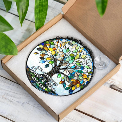 Netecom Personalized 50th Anniversary Tree of Life Suncatcher – Golden Wedding Window Hanging, Custom Tree of Life Glass Gift for Couples Parents Grandma Grandpa