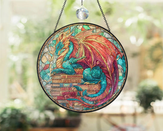 Netecom Fantasy Dragon Book Stained Glass Suncatcher – Magical Window Hanging for Book Lovers, Fantasy Fans, Book Clubs
