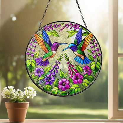 Netecom Stained Glass Hummingbird Suncatcher – Bird Glass Art, Wild Flower Window Hanging, Perfect Gift for Hummingbird Lovers, Indoor Decor, Women’s Gift
