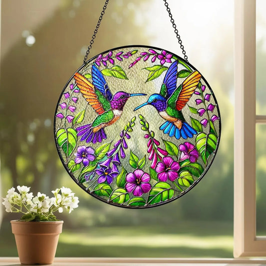 Netecom Stained Glass Hummingbird Suncatcher – Bird Glass Art, Wild Flower Window Hanging, Perfect Gift for Hummingbird Lovers, Indoor Decor, Women’s Gift