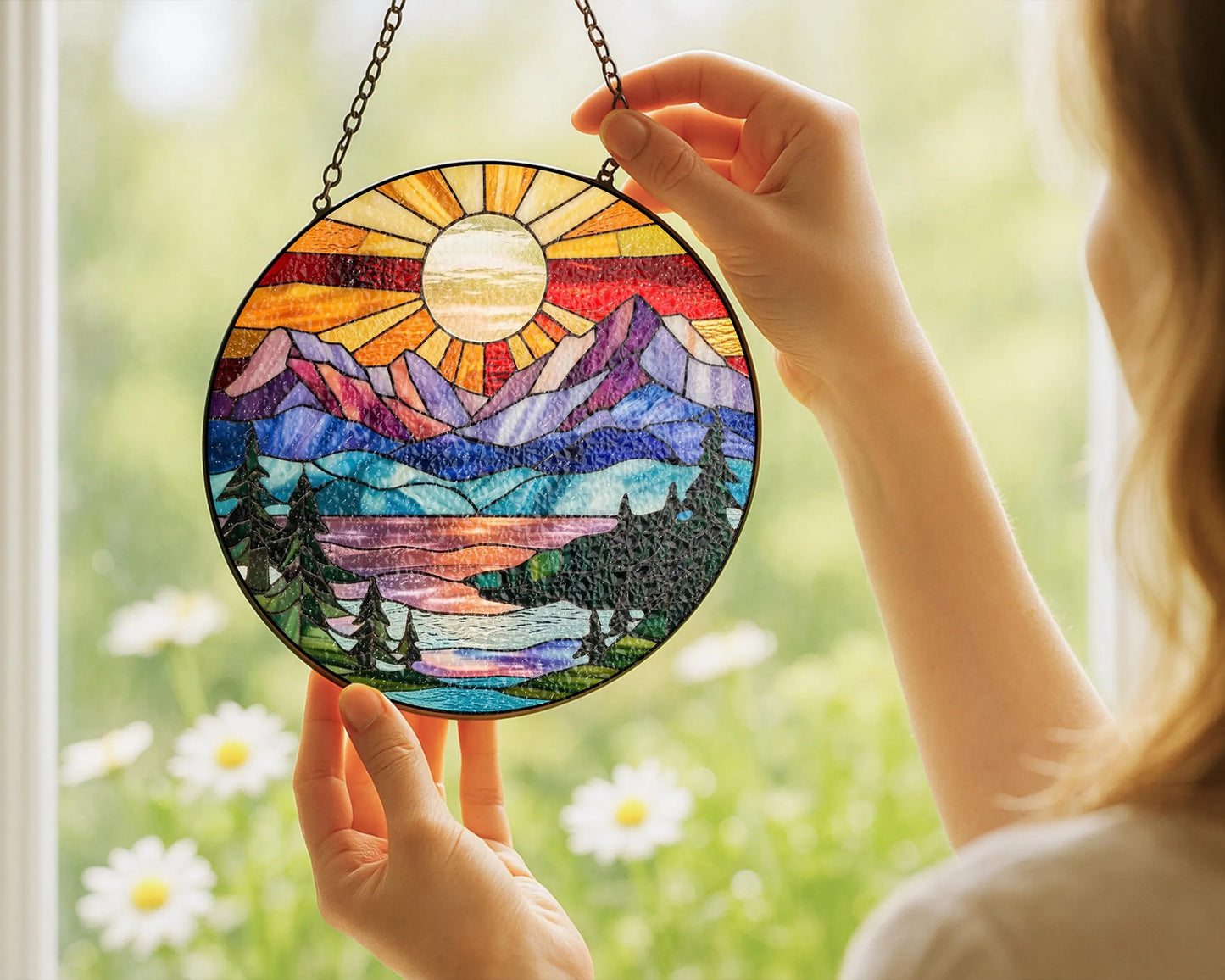 Netecom Mountain Range Stained Glass Suncatcher Ornament Nature Window Hanging Landscape Art Gift for Mom Christmas Home Decor