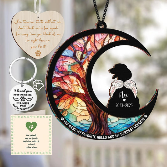 Netecom Dachshund Dog Memorial Suncatcher Gift – Personalized Pet Loss Ornament, Bereavement Keychain and Sympathy Card Remembrance Set
