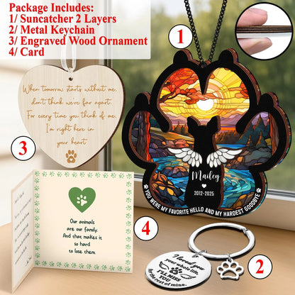 Netecom Personalized Dog Memorial Suncatcher Gift – Custom Pet Loss Ornament, Rainbow Bridge Remembrance Set with Keychain and Sympathy Card