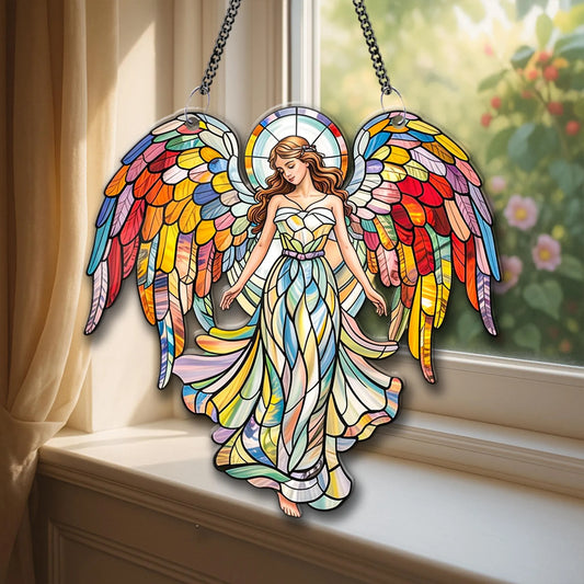 Netecom Colorful Angel Acrylic Suncatcher – Rainbow Wing Window Hanging, Guardian Angel Decor, Spiritual Gift for Fantasy Lovers, Faux Stained Glass Ornament