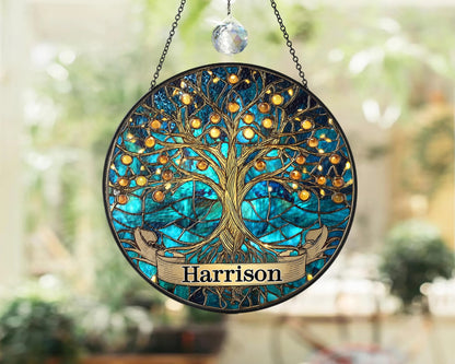 Netecom Personalized Tree of Life Stained Glass Suncatcher – Family Tree Window Hanging, Home Decor, Memorial Gift for Mom Grandma Family
