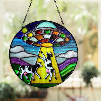 Netecom Funny Alien and Cow UFO Stained Glass Suncatcher – Unique Window Hanging, Spaceship Art Home Decor, Stained Glass or Acrylic Window Decoration