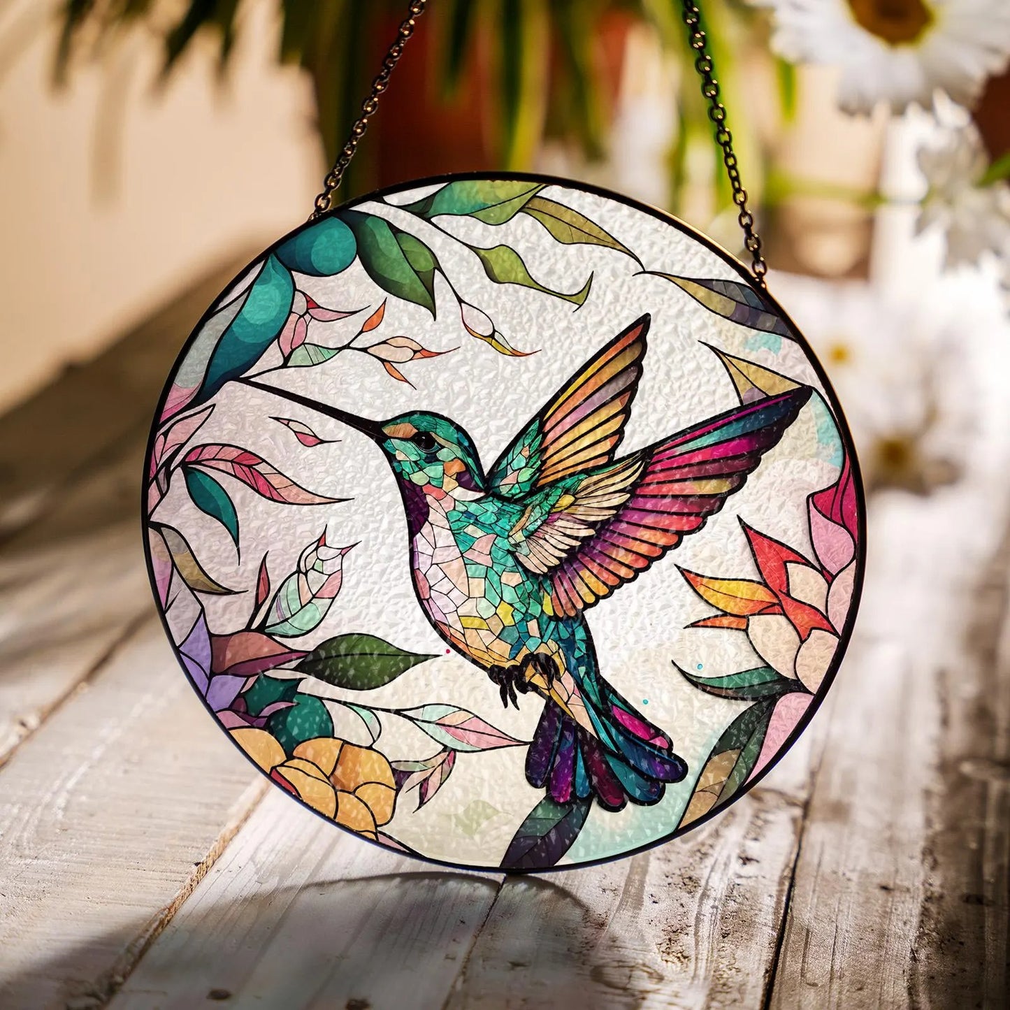 Netecom Hummingbirds and Wild Flowers Stained Glass Suncatcher – Window Hanging Nature Art, Grandma Gift, Light Catcher Wall Decor, Gift for Women Mom