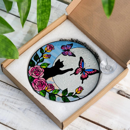 Netecom 8" Black Cat Butterfly Stained Glass Suncatcher – Cat Window Hanging, Cat Lover Gift, Loss of Pet Sympathy Decor
