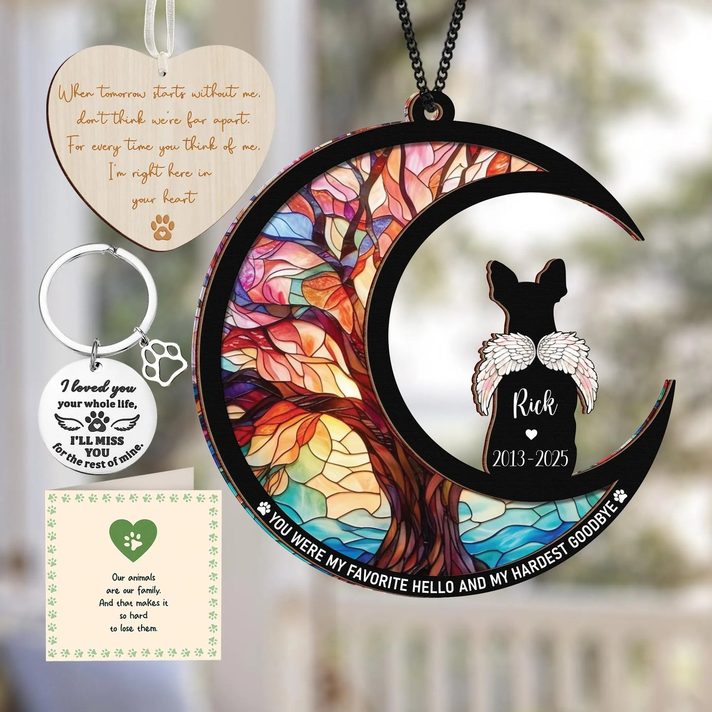 Netecom Chihuahua Dog Memorial Suncatcher Gift – Pesonalized Pet Loss Ornament, Bereavement Keychain and Sympathy Card Remembrance Set