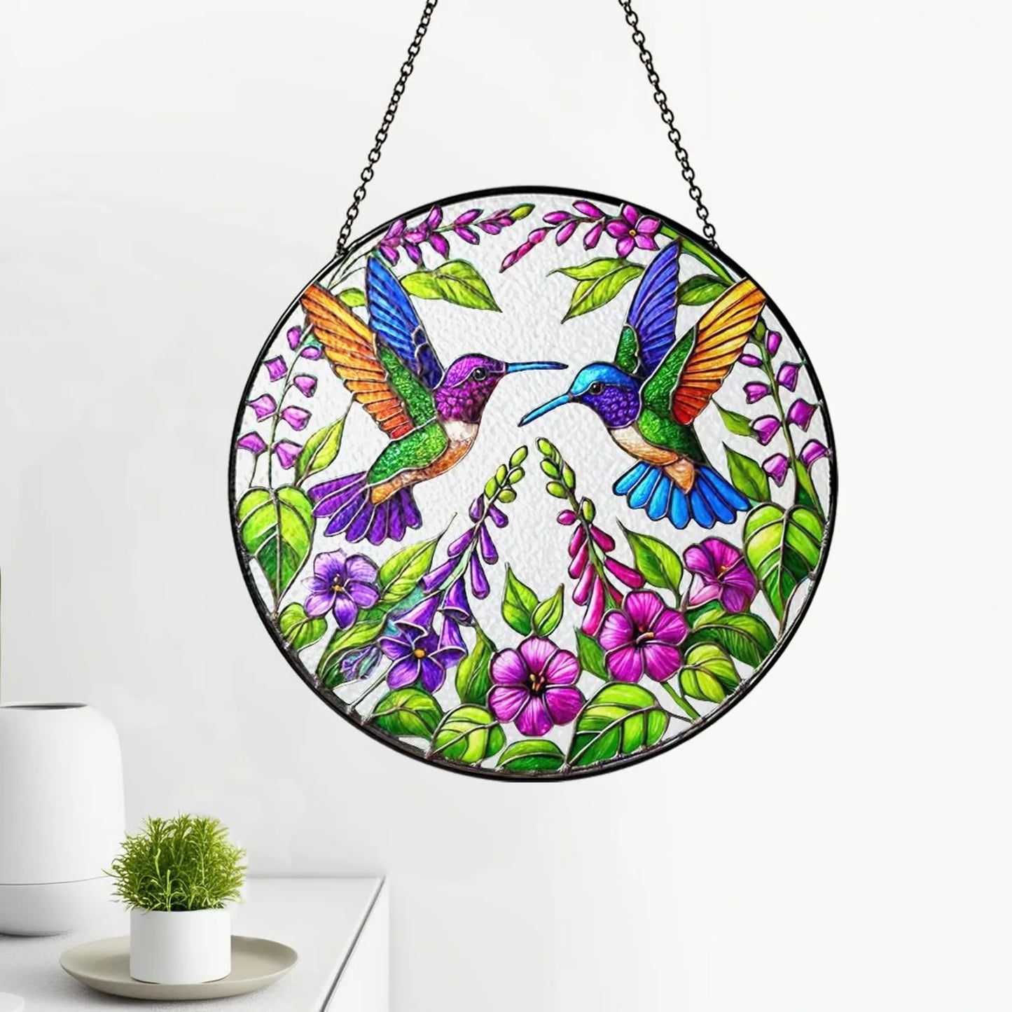 Netecom Stained Glass Hummingbird Suncatcher – Bird Glass Art, Wild Flower Window Hanging, Perfect Gift for Hummingbird Lovers, Indoor Decor, Women’s Gift