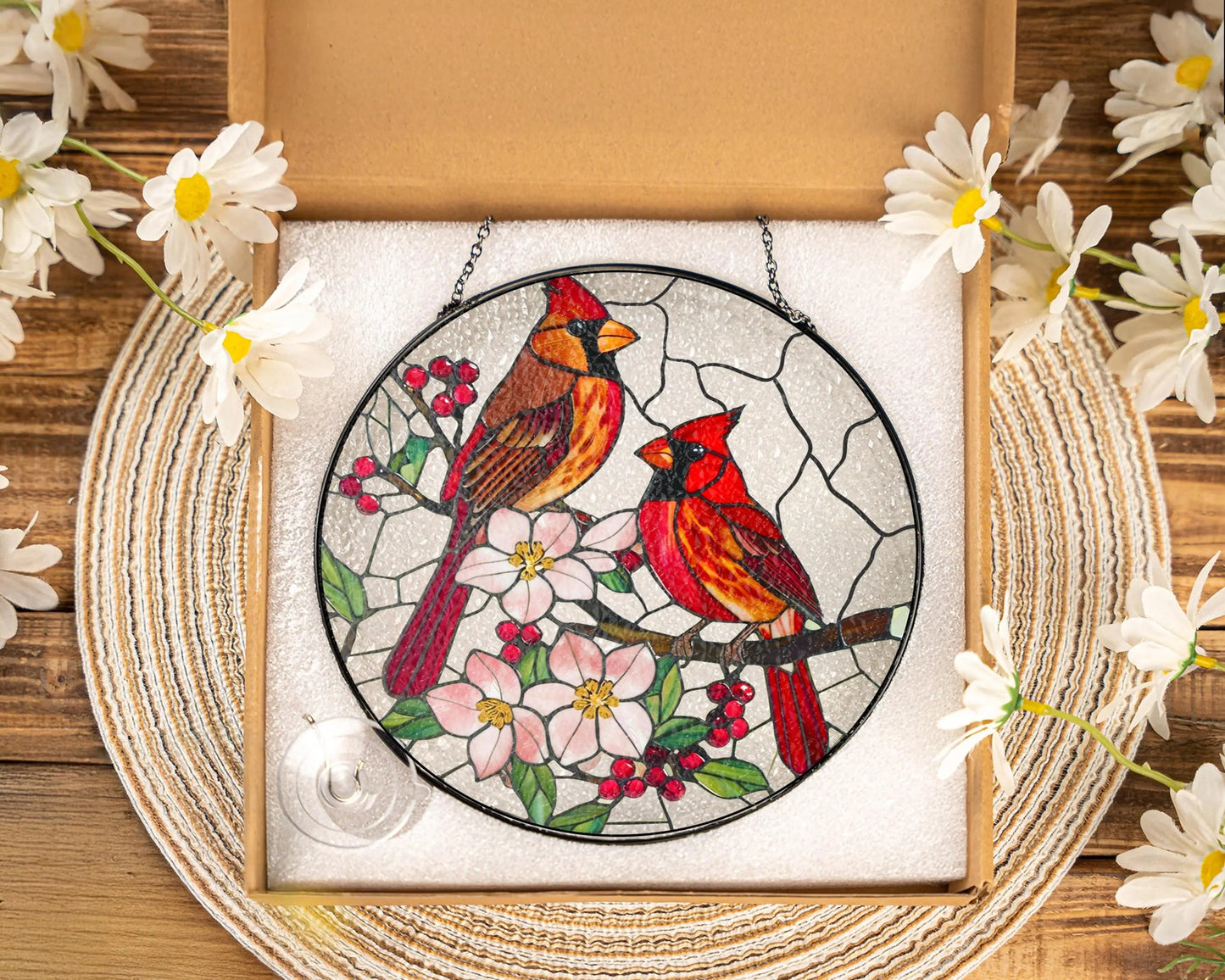 Netecom Cardinal Stained Glass Suncatcher – Male and Female Cardinal Window Hanging, Glass Art Home Decor, Memorial Gift for Cardinal Lovers, Women’s Gift