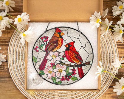 Netecom Cardinal Stained Glass Suncatcher – Male and Female Cardinal Window Hanging, Glass Art Home Decor, Memorial Gift for Cardinal Lovers, Women’s Gift