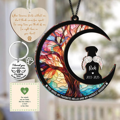 Netecom Personalized Dog Memorial Suncatcher Gift Set – Custom Pet Loss Ornament, Bereavement Keychain and Sympathy Card, Rainbow Bridge Remembrance