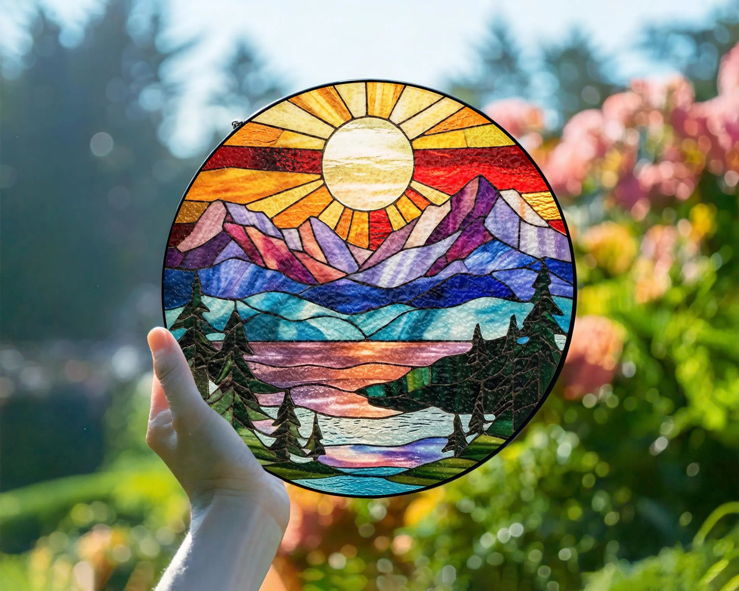Netecom Mountain Range Stained Glass Suncatcher Ornament Nature Window Hanging Landscape Art Gift for Mom Christmas Home Decor