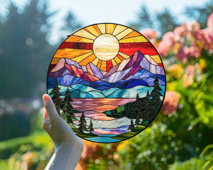 Netecom Mountain Range Stained Glass Suncatcher Ornament Nature Window Hanging Landscape Art Gift for Mom Christmas Home Decor