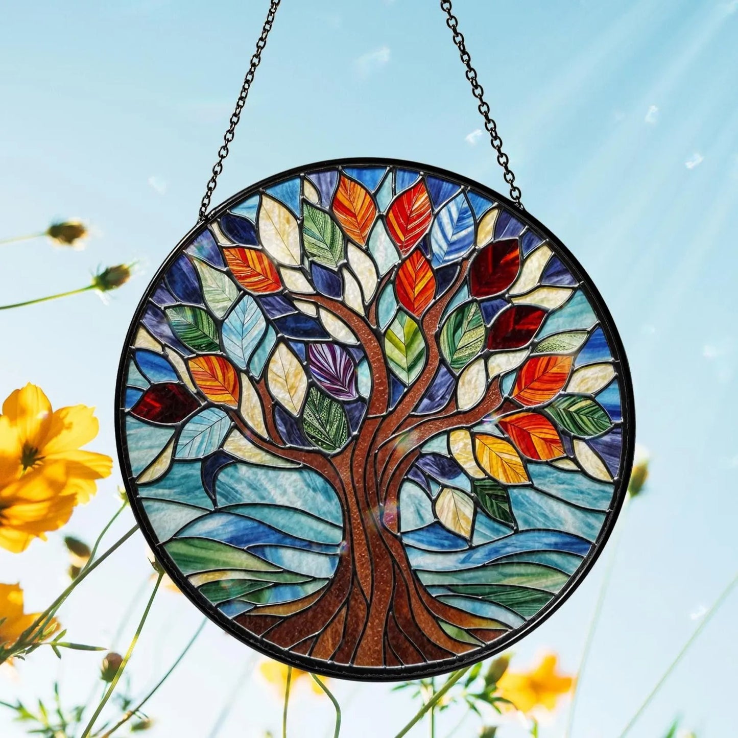 Netecom Personalized Tree of Life Stained Glass Suncatcher, Custom Window Hanging, Crystal Sun Catcher Home Decor Gift, Spiritual Glass Ornament