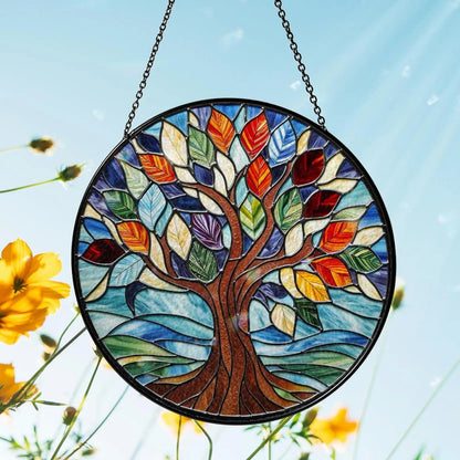 Netecom Personalized Tree of Life Stained Glass Suncatcher, Custom Window Hanging, Crystal Sun Catcher Home Decor Gift, Spiritual Glass Ornament