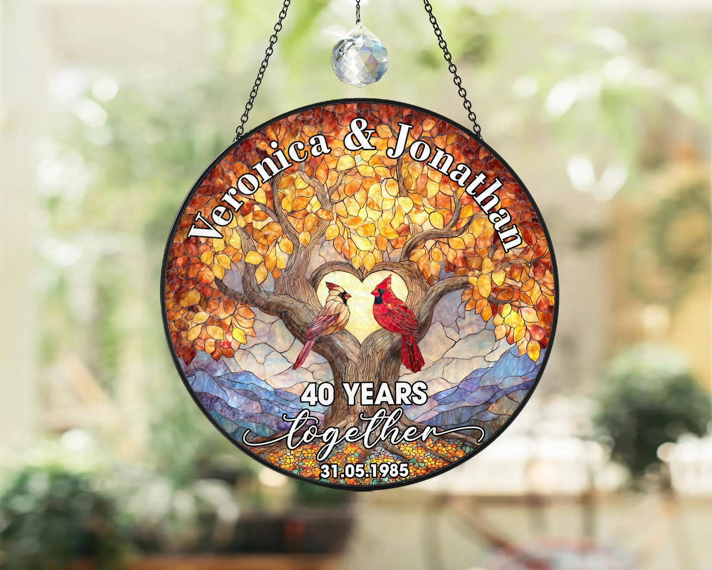 Netecom Custom 40th Anniversary Stained Glass Suncatcher – Personalized Ruby Anniversary Gift, Cardinal Bird Window Hanging, Wedding Anniversary Keepsake for Parents or Couple