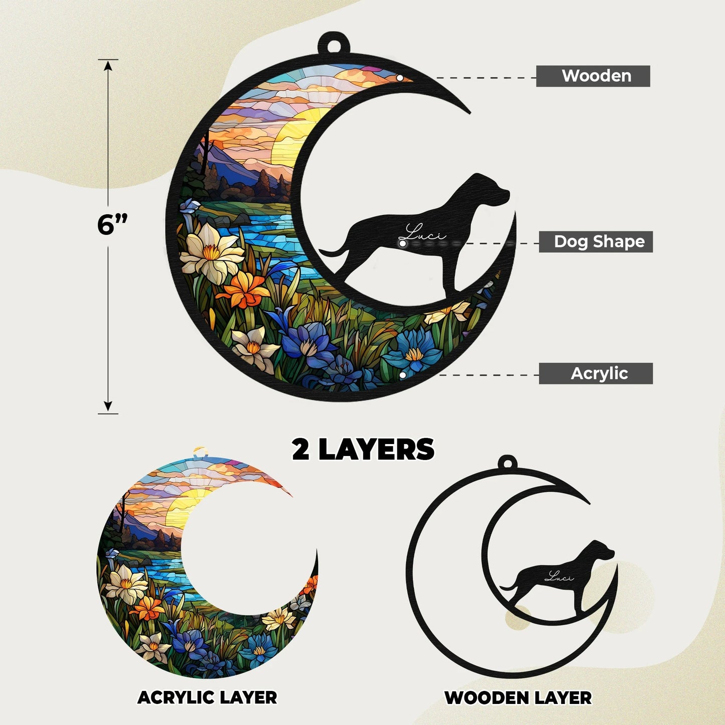 Netecom 6" Dogo Argentino Memorial Suncatcher – Personalized Pet Loss Gift, Dog Remembrance Ornament, Dog on Moon Light Catcher, Sympathy Car Hanging