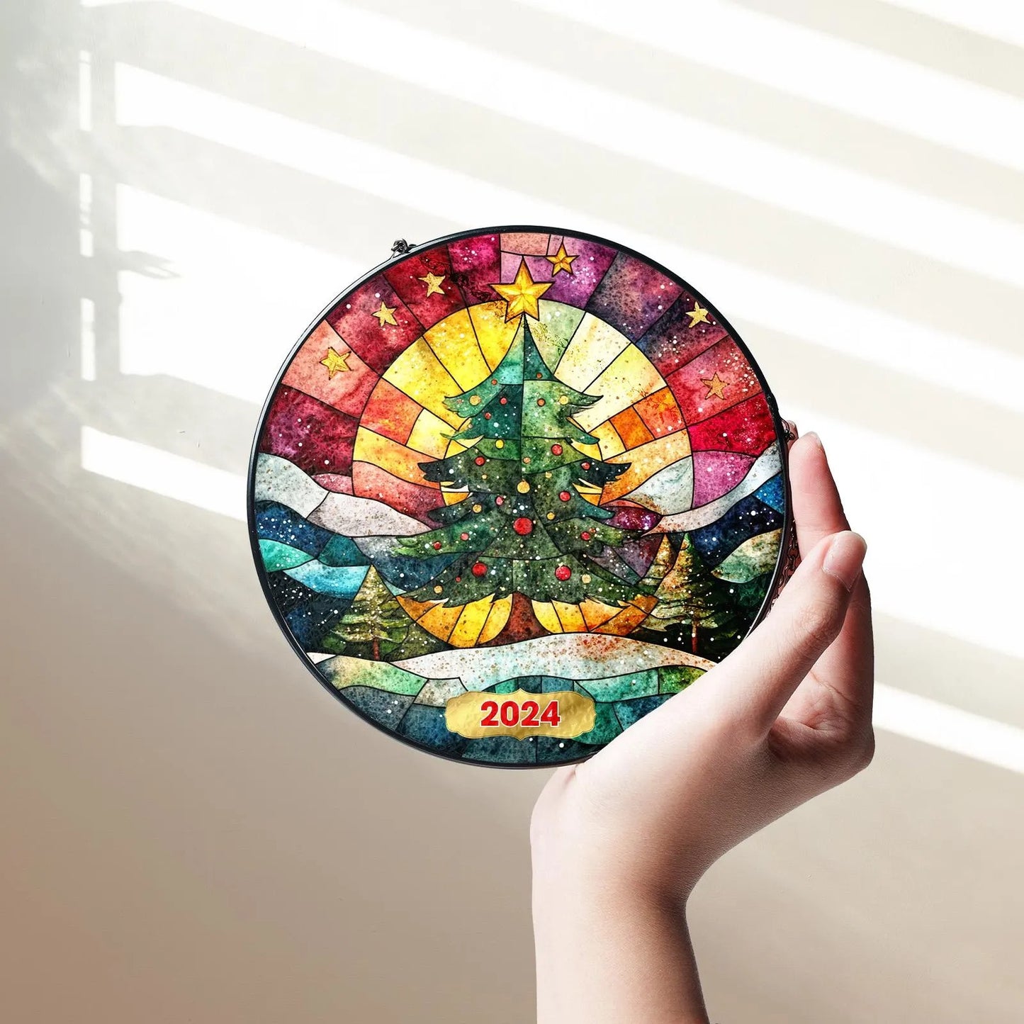 Netecom Christmas Tree Stained Glass Suncatcher, Holiday Window Hanging Ornament, Festive Glass Decor, Gift for Home, Xmas SunCatcher