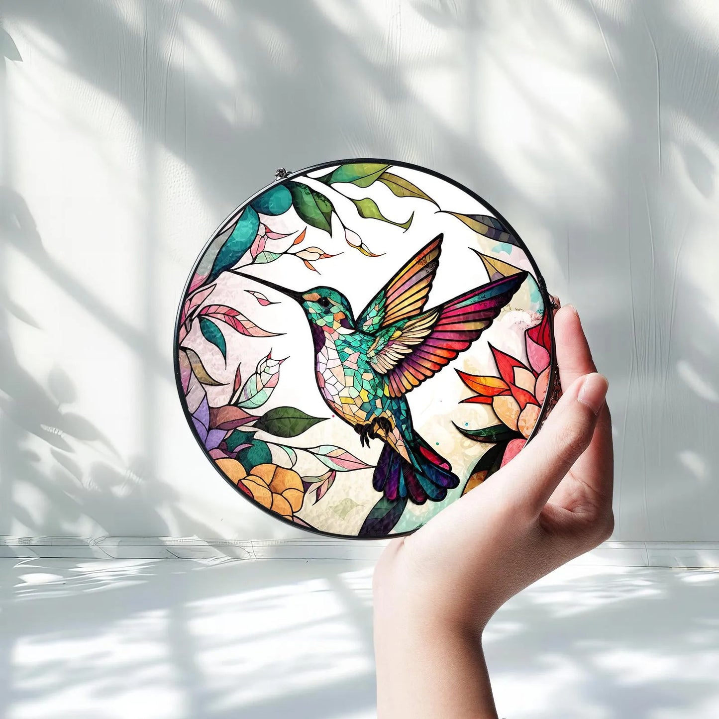 Netecom Hummingbirds and Wild Flowers Stained Glass Suncatcher – Window Hanging Nature Art, Grandma Gift, Light Catcher Wall Decor, Gift for Women Mom
