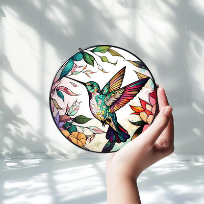 Netecom Hummingbirds and Wild Flowers Stained Glass Suncatcher – Window Hanging Nature Art, Grandma Gift, Light Catcher Wall Decor, Gift for Women Mom