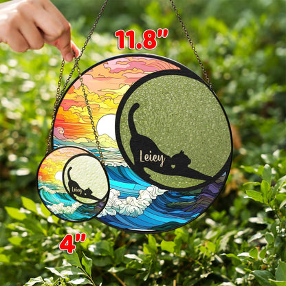 Netecom Personalized Cat Memorial Suncatcher – Stained Glass Look Pet Remembrance Ornament, Rainbow Bridge Window Hanging, Cat Mom Gift