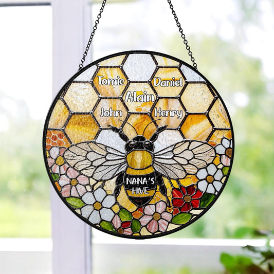 Netecom Personalized Grandma Garden Bee Stained Glass Suncatcher – Honeycomb Bee Window Hanging, Custom Kids Names, Mother’s Day Gift for Grandma and Garden Lovers