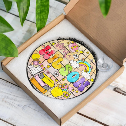 Netecom Personalized Teacher Stained Glass Hanging Sign, Teacher Suncatcher, Name Gift for Teacher, Disco Ball Classroom Decor, Teacher Door Hanger