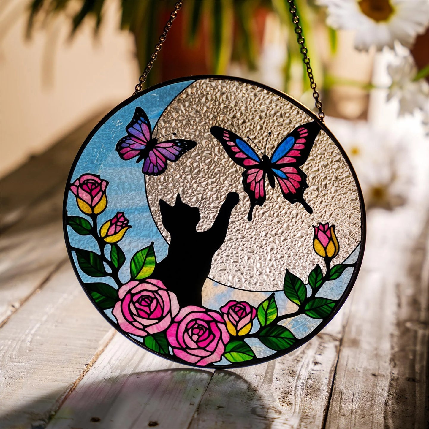 Netecom 8" Black Cat Butterfly Stained Glass Suncatcher – Cat Window Hanging, Cat Lover Gift, Loss of Pet Sympathy Decor