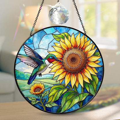 Netecom Hummingbird Sunflower Stained Glass Suncatcher – Window Hanging Bird Ornament and Sympathy Gift for Mom, Indoor Decor, Memory Keepsake