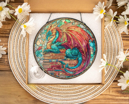 Netecom Fantasy Dragon Book Stained Glass Suncatcher – Magical Window Hanging for Book Lovers, Fantasy Fans, Book Clubs