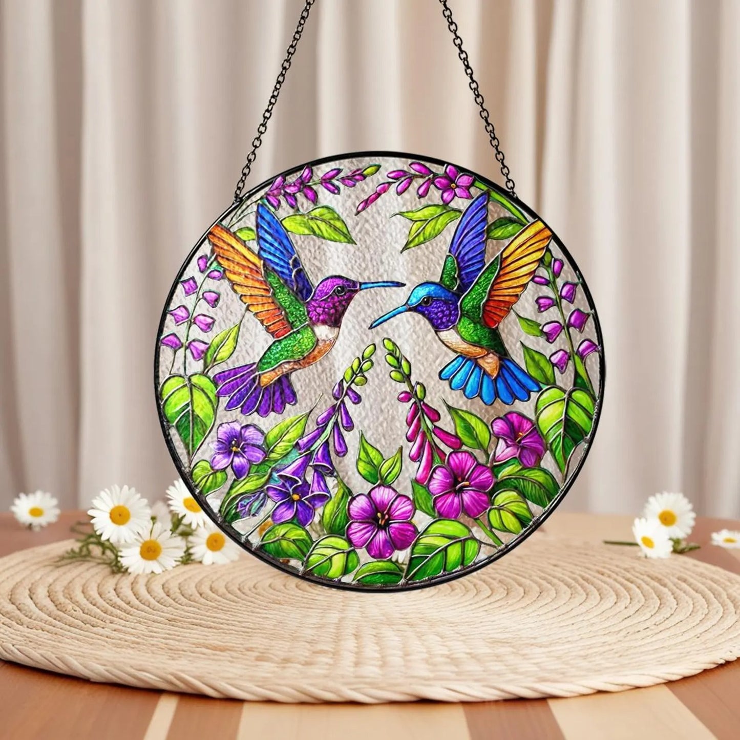 Netecom Stained Glass Hummingbird Suncatcher – Bird Glass Art, Wild Flower Window Hanging, Perfect Gift for Hummingbird Lovers, Indoor Decor, Women’s Gift
