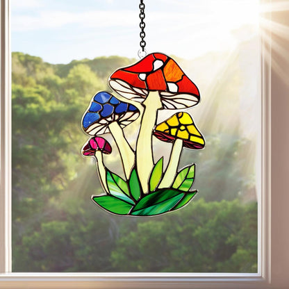 Netecom Mushroom Suncatcher Acrylic Window Hanging, Fly Mushroom Wall Art Decor, Flat 2D Plant Suncatcher, Mushroom Home Decor Gift