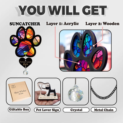 Netecom Personalized Dog Memorial Crystal Suncatcher – Pet Loss Sympathy Gift, Dog Paw Ornament, Rainbow Bridge Dog Remembrance, Cat Memorial Window Hanging