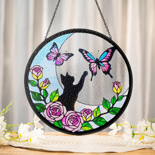Netecom Cat Stained Glass Butterfly on Moon Suncatcher – Black Cat Memorial Gift, Cat Lover Gift, Pet Loss Suncatcher, Unique Cat Decor for Home and Window