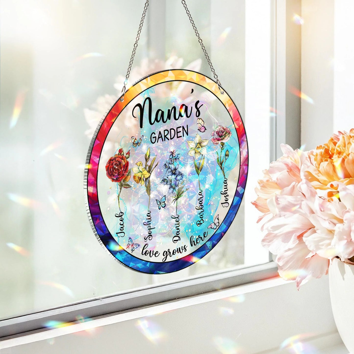 Netecom Personalized Mother’s Day Gift for Grandma – Grandma's Garden Hologram Suncatcher, Custom Birth Flower Crystal Window Hanging