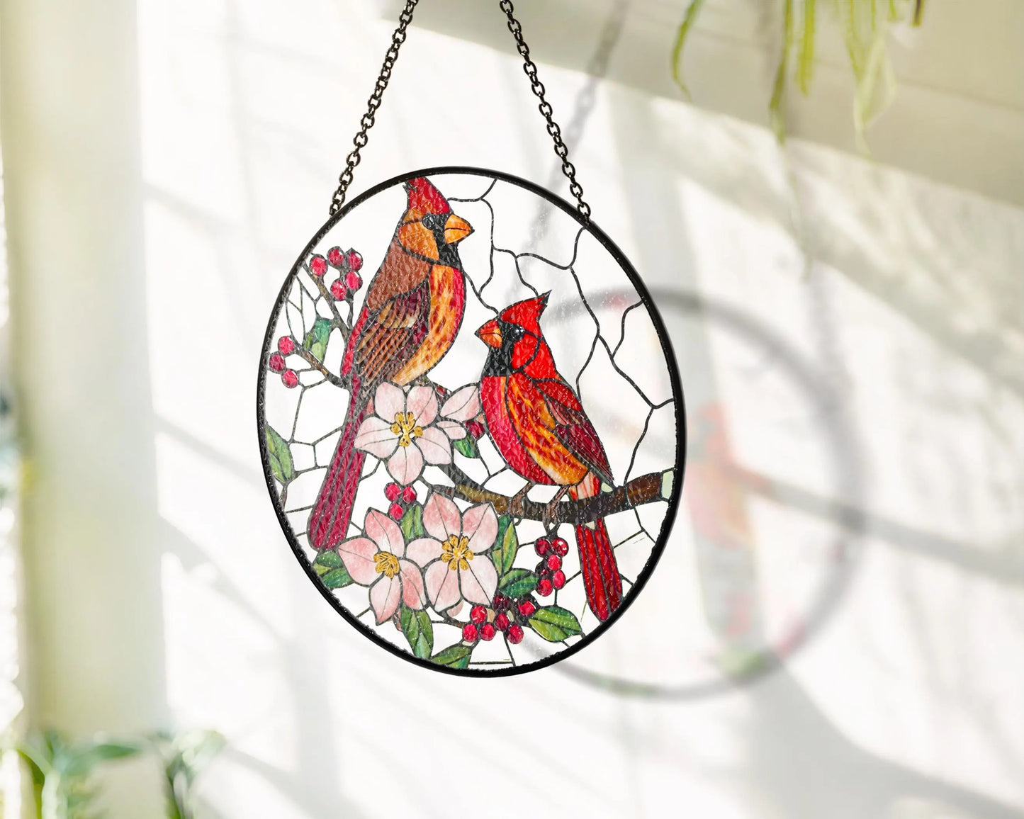 Netecom Cardinal Stained Glass Suncatcher – Male and Female Cardinal Window Hanging, Glass Art Home Decor, Memorial Gift for Cardinal Lovers, Women’s Gift