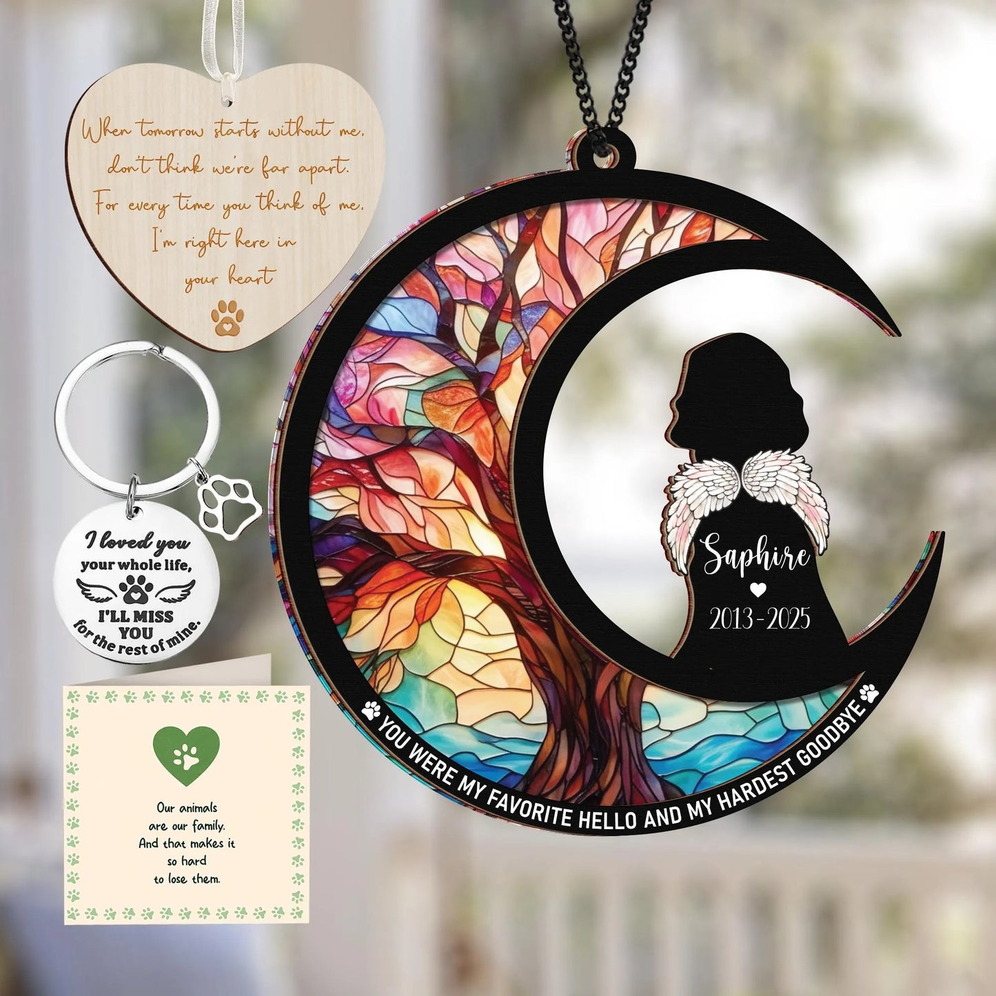 Netecom Cocker Spaniel Dog Memorial Suncatcher Gift – Personalized Pet Loss Ornament, Bereavement Keychain & Sympathy Card Remembrance Set