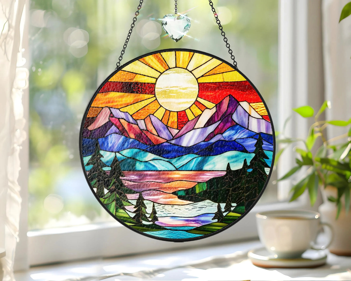 Netecom Mountain Range Stained Glass Suncatcher Ornament Nature Window Hanging Landscape Art Gift for Mom Christmas Home Decor