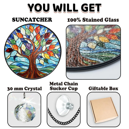 Netecom Personalized Tree of Life Stained Glass Suncatcher, Custom Window Hanging, Crystal Sun Catcher Home Decor Gift, Spiritual Glass Ornament