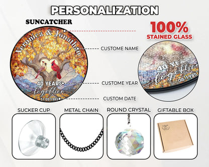 Netecom Custom 40th Anniversary Stained Glass Suncatcher – Personalized Ruby Anniversary Gift, Cardinal Bird Window Hanging, Wedding Anniversary Keepsake for Parents or Couple