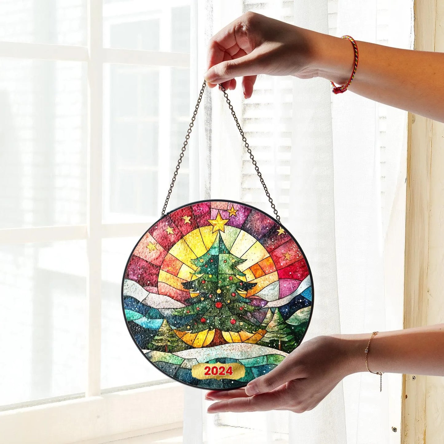 Netecom Christmas Tree Stained Glass Suncatcher, Holiday Window Hanging Ornament, Festive Glass Decor, Gift for Home, Xmas SunCatcher