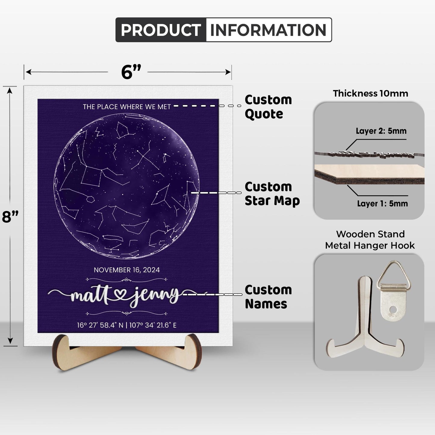 Netecom Personalized Star Map Wooden Frame Custom Constellation Print by Date Night We Met Anniversary Gift Engagement Wedding Keepsake