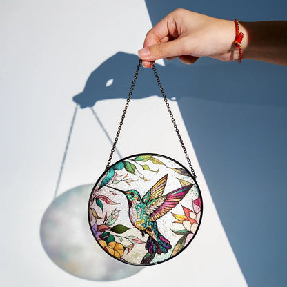 Netecom Hummingbirds and Wild Flowers Stained Glass Suncatcher – Window Hanging Nature Art, Grandma Gift, Light Catcher Wall Decor, Gift for Women Mom